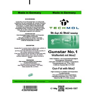 Gunstar No. 1 Techmol Waffenfett mit Molybdändisulfid erfüllt den Standard MIL-G-21164D. 50g Tube